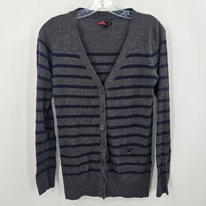 Forever 21 Cardigan Women Medium Grey Navy Blue Striped V-Neck Button Front